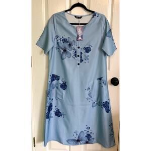 NWT Hekka Long Sky Blue Dress Flowers Butterflies Short Sleeve - Size Small
